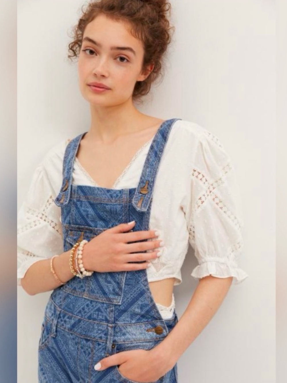 Free People x Driftwood Farrah Paisley bandana Print Boho Blue Jean Bib Overalls